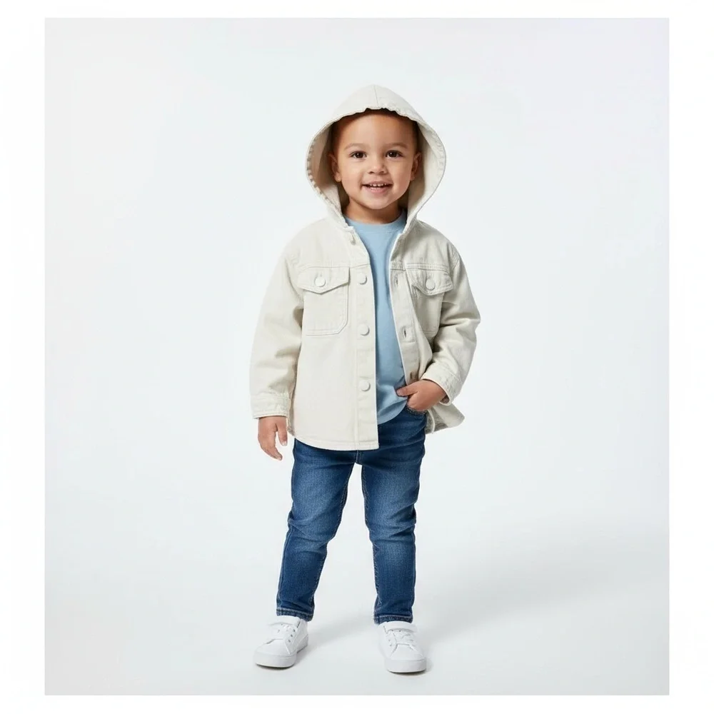 Zara Kids Beige Hooded Utility Jacket Shirt Sz 2 Boys Girls Lightweight Shacket